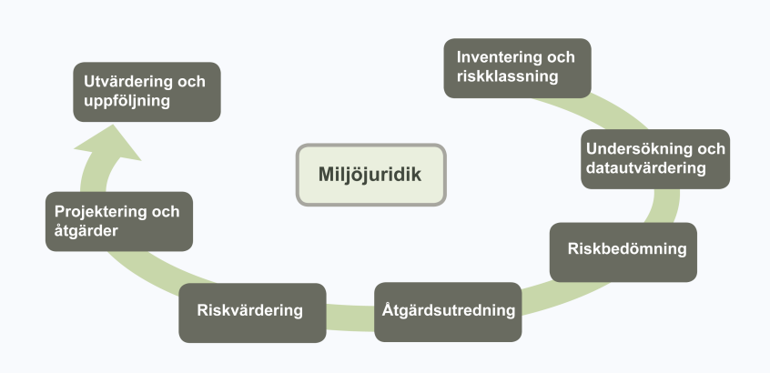 Steg i en process med att åtgärda ett förorenat område. Från inventering till åtgärd.